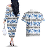 Samoa White Sunday Couples Matching Off The Shoulder Long Sleeve Dress and Hawaiian Shirt Samoan Tapa Blue Hibiscus - Polynesian Pride