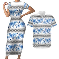 Samoa White Sunday Couples Matching Short Sleeve Bodycon Dress and Hawaiian Shirt Samoan Tapa Blue Hibiscus - Polynesian Pride