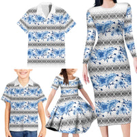 Samoa White Sunday Family Matching Long Sleeve Bodycon Dress and Hawaiian Shirt Samoan Tapa Blue Hibiscus - Polynesian Pride