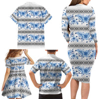 Samoa White Sunday Family Matching Long Sleeve Bodycon Dress and Hawaiian Shirt Samoan Tapa Blue Hibiscus - Polynesian Pride