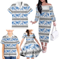 Samoa White Sunday Family Matching Off The Shoulder Long Sleeve Dress and Hawaiian Shirt Samoan Tapa Blue Hibiscus - Polynesian Pride