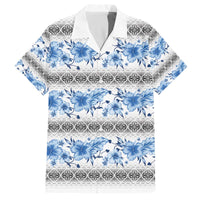 Samoa White Sunday Family Matching Off The Shoulder Long Sleeve Dress and Hawaiian Shirt Samoan Tapa Blue Hibiscus - Polynesian Pride