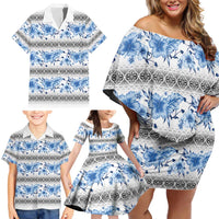 Samoa White Sunday Family Matching Off Shoulder Short Dress and Hawaiian Shirt Samoan Tapa Blue Hibiscus - Polynesian Pride