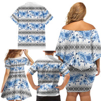 Samoa White Sunday Family Matching Off Shoulder Short Dress and Hawaiian Shirt Samoan Tapa Blue Hibiscus - Polynesian Pride