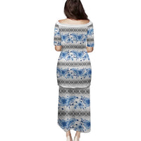 Samoa White Sunday Family Matching Puletasi and Hawaiian Shirt Samoan Tapa Blue Hibiscus - Polynesian Pride