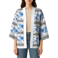 Samoa White Sunday Kimono Samoan Tapa Blue Hibiscus - Polynesian Pride