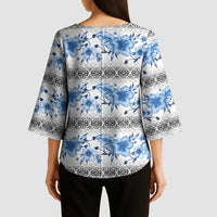 Samoa White Sunday Kimono Sleeve Blouse Samoan Tapa Blue Hibiscus - Polynesian Pride