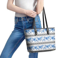 Samoa White Sunday Leather Tote Bag Samoan Tapa Blue Hibiscus - Polynesian Pride