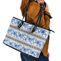 Samoa White Sunday Leather Tote Bag Samoan Tapa Blue Hibiscus - Polynesian Pride