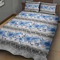 Samoa White Sunday Quilt Bed Set Samoan Tapa Blue Hibiscus - Polynesian Pride