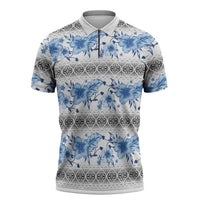 Samoa White Sunday Zipper Polo Shirt Samoan Tapa Blue Hibiscus LT05 Blue - Polynesian Pride