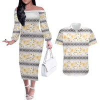 Samoa White Sunday Couples Matching Off The Shoulder Long Sleeve Dress and Hawaiian Shirt Samoan Tapa Yellow Hibiscus - Polynesian Pride