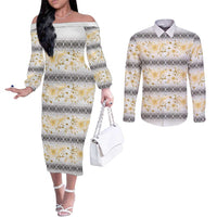 Samoa White Sunday Couples Matching Off The Shoulder Long Sleeve Dress and Long Sleeve Button Shirt Samoan Tapa Yellow Hibiscus - Polynesian Pride