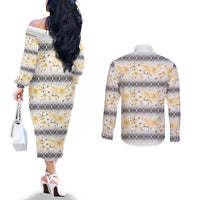 Samoa White Sunday Couples Matching Off The Shoulder Long Sleeve Dress and Long Sleeve Button Shirt Samoan Tapa Yellow Hibiscus - Polynesian Pride