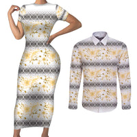 Samoa White Sunday Couples Matching Short Sleeve Bodycon Dress and Long Sleeve Button Shirt Samoan Tapa Yellow Hibiscus - Polynesian Pride