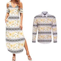Samoa White Sunday Couples Matching Summer Maxi Dress and Long Sleeve Button Shirt Samoan Tapa Yellow Hibiscus - Polynesian Pride