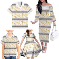 Samoa White Sunday Family Matching Off The Shoulder Long Sleeve Dress and Hawaiian Shirt Samoan Tapa Yellow Hibiscus - Polynesian Pride