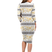 Samoa White Sunday Long Sleeve Bodycon Dress Samoan Tapa Yellow Hibiscus - Polynesian Pride