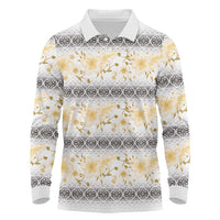 Samoa White Sunday Long Sleeve Polo Shirt Samoan Tapa Yellow Hibiscus - Polynesian Pride