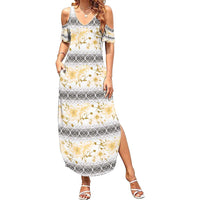 Samoa White Sunday Summer Maxi Dress Samoan Tapa Yellow Hibiscus - Polynesian Pride
