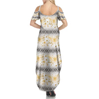 Samoa White Sunday Summer Maxi Dress Samoan Tapa Yellow Hibiscus - Polynesian Pride