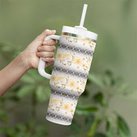 Samoa White Sunday Tumbler With Handle Samoan Tapa Yellow Hibiscus - Polynesian Pride