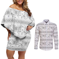 Samoa White Sunday Couples Matching Off Shoulder Short Dress and Long Sleeve Button Shirt Samoan Tapa White Hibiscus - Polynesian Pride
