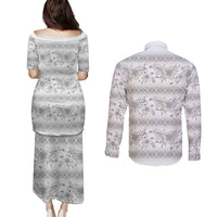 Samoa White Sunday Couples Matching Puletasi and Long Sleeve Button Shirt Samoan Tapa White Hibiscus - Polynesian Pride