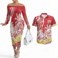 Personalised Tahiti Surfing Couples Matching Off The Shoulder Long Sleeve Dress and Hawaiian Shirt Polynesian Style LT05 Red - Polynesian Pride