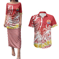 Personalised Tahiti Surfing Couples Matching Puletasi and Hawaiian Shirt Polynesian Style LT05 Red - Polynesian Pride