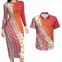 Tahiti Plumeria Tribal Pattern Couples Matching Long Sleeve Bodycon Dress and Hawaiian Shirt Wave Style Red