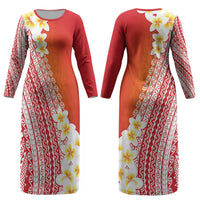 Tahiti Plumeria Tribal Pattern Couples Matching Long Sleeve Bodycon Dress and Hawaiian Shirt Wave Style Red