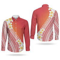 Tahiti Plumeria Tribal Pattern Couples Matching Off Shoulder Maxi Dress and Long Sleeve Button Shirt Wave Style Red LT05 - Polynesian Pride