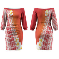 Tahiti Plumeria Tribal Pattern Couples Matching Off The Shoulder Long Sleeve Dress and Hawaiian Shirt Wave Style Red