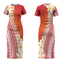 Tahiti Plumeria Tribal Pattern Couples Matching Short Sleeve Bodycon Dress and Hawaiian Shirt Wave Style Red LT05 - Polynesian Pride