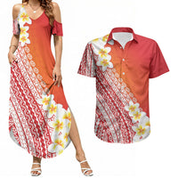 Tahiti Plumeria Tribal Pattern Couples Matching Summer Maxi Dress and Hawaiian Shirt Wave Style Red