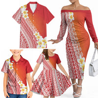 Tahiti Plumeria Tribal Pattern Family Matching Off The Shoulder Long Sleeve Dress and Hawaiian Shirt Wave Style Red LT05 - Polynesian Pride