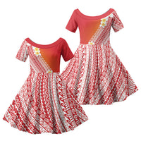 Tahiti Plumeria Tribal Pattern Family Matching Off The Shoulder Long Sleeve Dress and Hawaiian Shirt Wave Style Red LT05 Daughter's Dress Red - Polynesian Pride