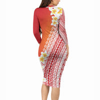 Tahiti Plumeria Tribal Pattern Long Sleeve Bodycon Dress Wave Style Red