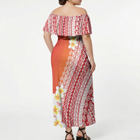 Tahiti Plumeria Tribal Pattern Off Shoulder Maxi Dress Wave Style Red