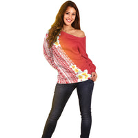 Tahiti Plumeria Tribal Pattern Off Shoulder Sweater Wave Style Red