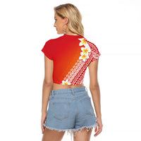 Tahiti Plumeria Tribal Pattern Raglan Cropped T Shirt Wave Style Red