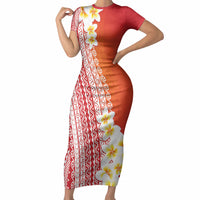 Tahiti Plumeria Tribal Pattern Short Sleeve Bodycon Dress Wave Style Red