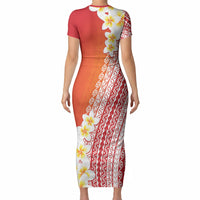 Tahiti Plumeria Tribal Pattern Short Sleeve Bodycon Dress Wave Style Red