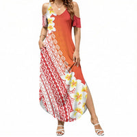 Tahiti Plumeria Tribal Pattern Summer Maxi Dress Wave Style Red