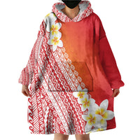 Tahiti Plumeria Tribal Pattern Wearable Blanket Hoodie Wave Style Red