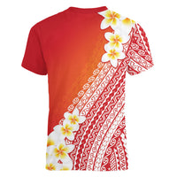 Tahiti Plumeria Tribal Pattern Women V-Neck T-Shirt Wave Style Red