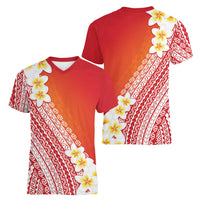 Tahiti Plumeria Tribal Pattern Women V-Neck T-Shirt Wave Style Red