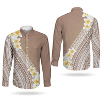 Tahiti Plumeria Tribal Pattern Couples Matching Long Sleeve Bodycon Dress and Long Sleeve Button Shirt Wave Style Brown LT05 - Polynesian Pride