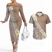 Tahiti Plumeria Tribal Pattern Couples Matching Off The Shoulder Long Sleeve Dress and Hawaiian Shirt Wave Style Brown LT05 Brown - Polynesian Pride